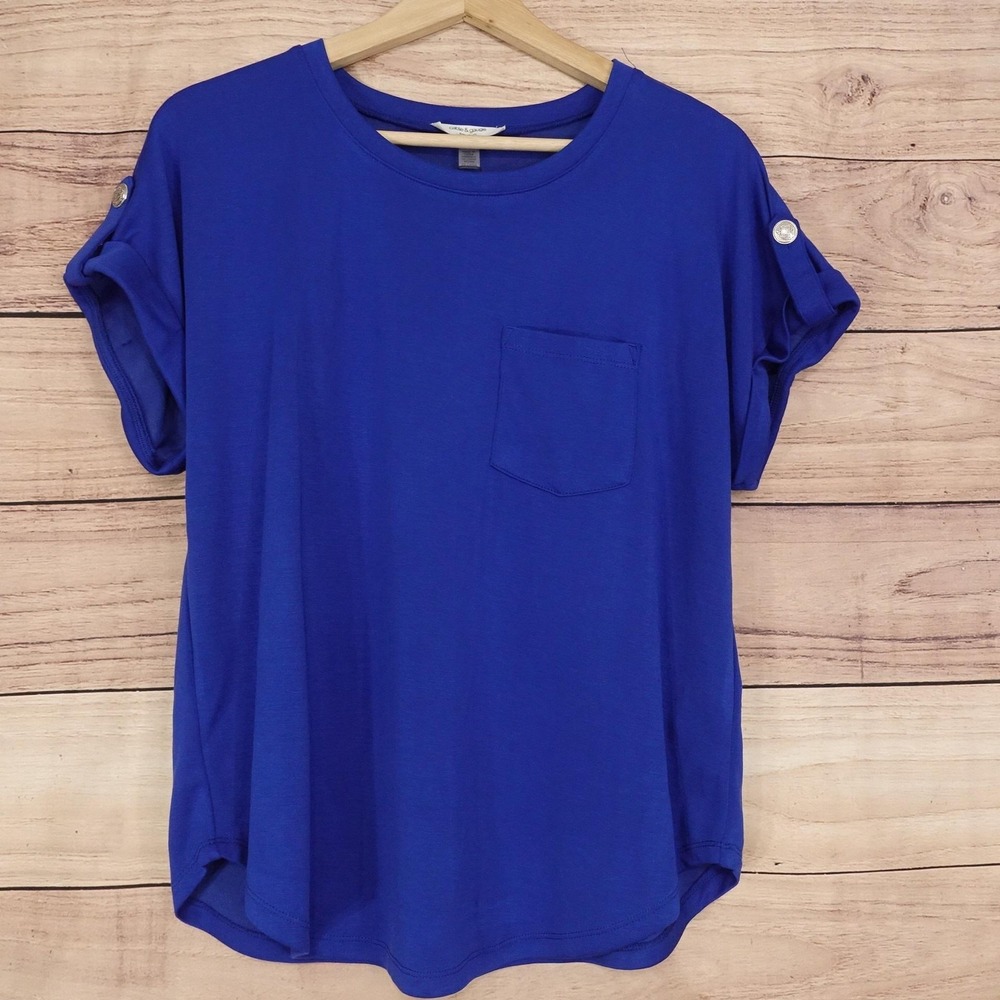 New! Cable & Gauge T-Shirt Womens M Blue Crew Neck Roll Tab Sleeve Pocket Top
